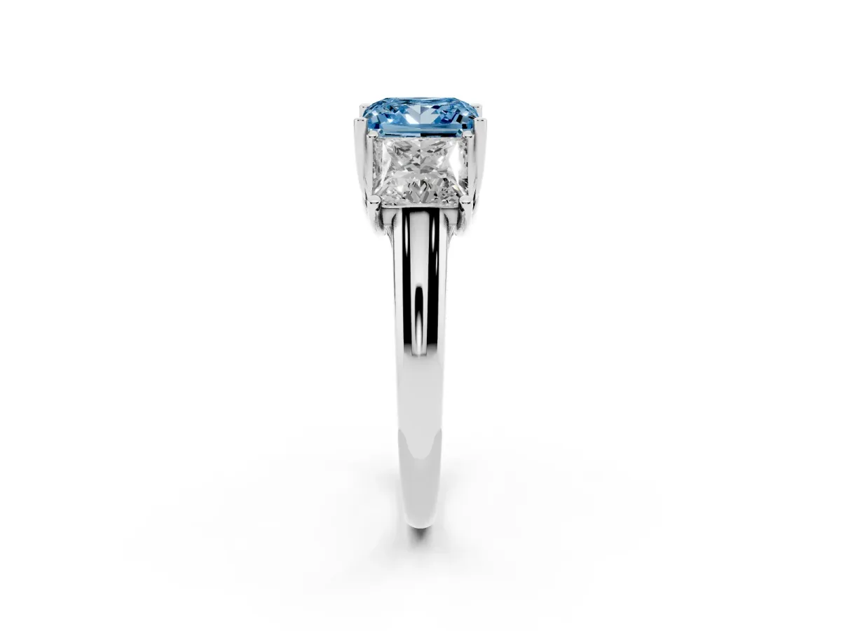 Fancy Blue Three-Stone Princess Cut Diamond Engagement Ring with Prong Setting White gold