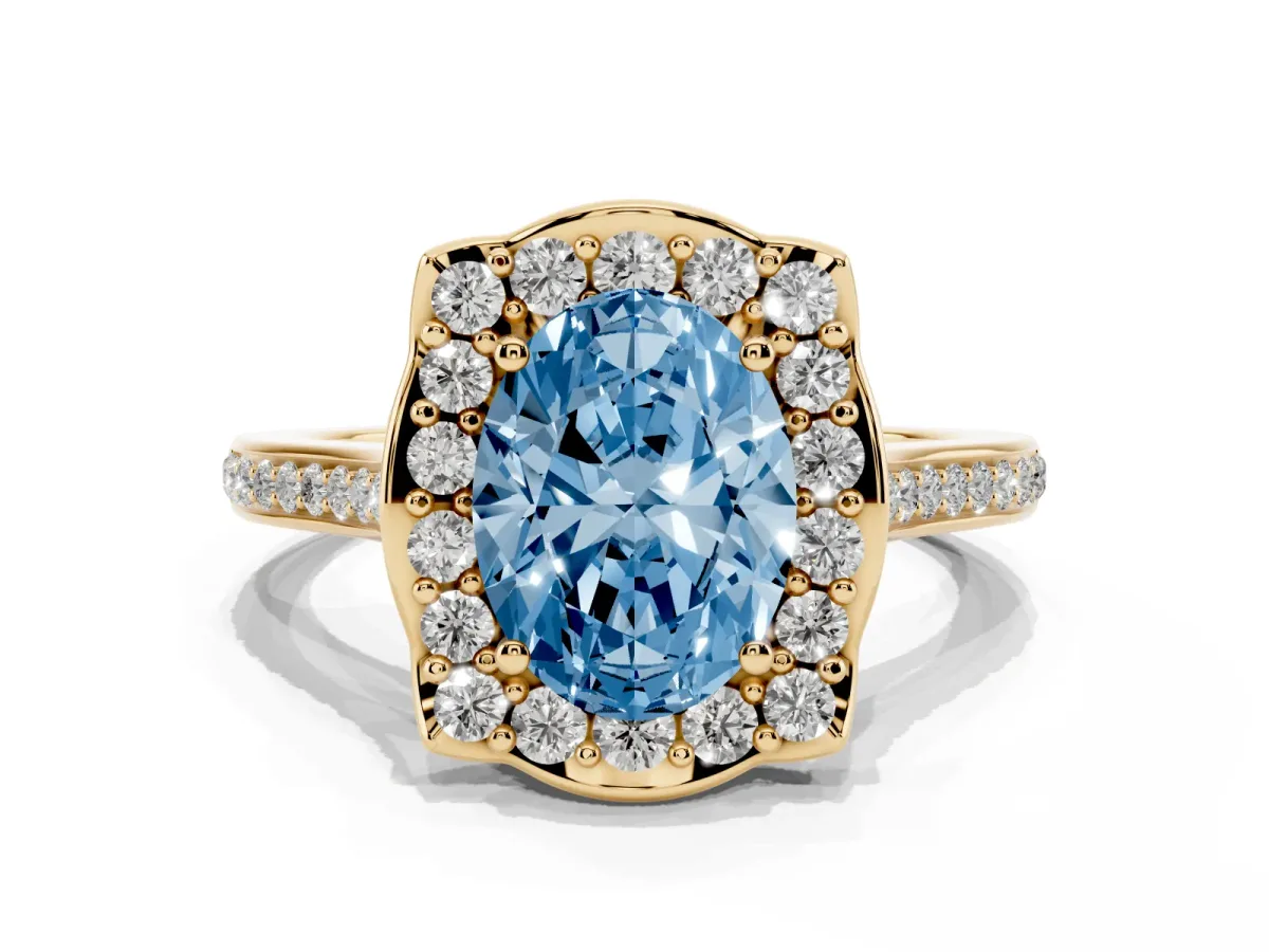Fancy Blue Oval Cut Halo Round Diamond Pave Band with Four-Prong Setting Yellow gold