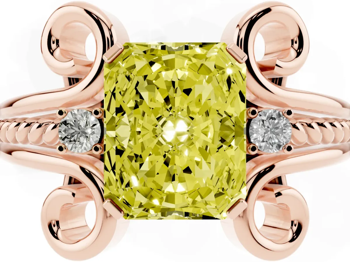 Fancy Yellow Radiant Cut Solitaire Twisted Band Scroll Prong Ring Rose gold