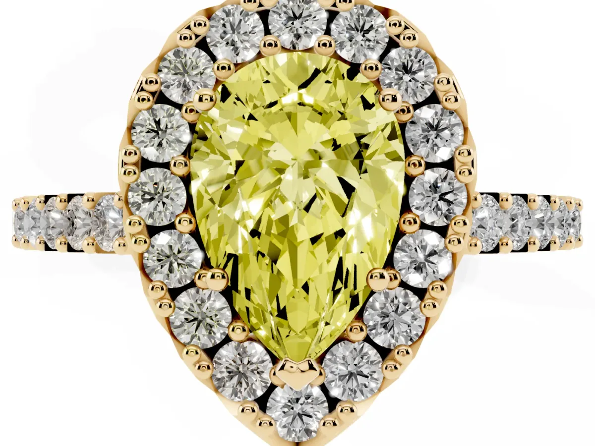 Fancy Yellow Pear Cut Halo Diamond Pavé Solitaire Ring Yellow gold