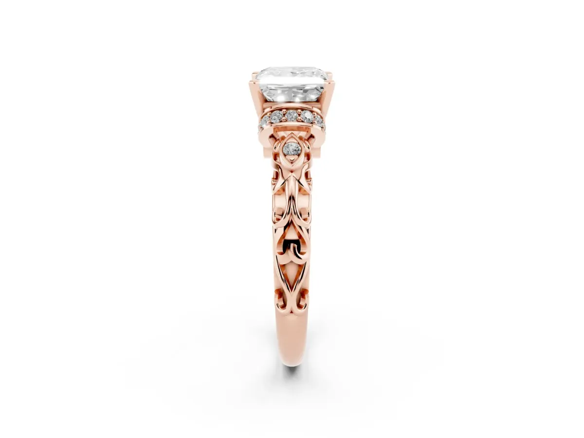 Princess Cut Diamond Solitaire Ring with Filigree Band and Four-Prong Setting Rose gold