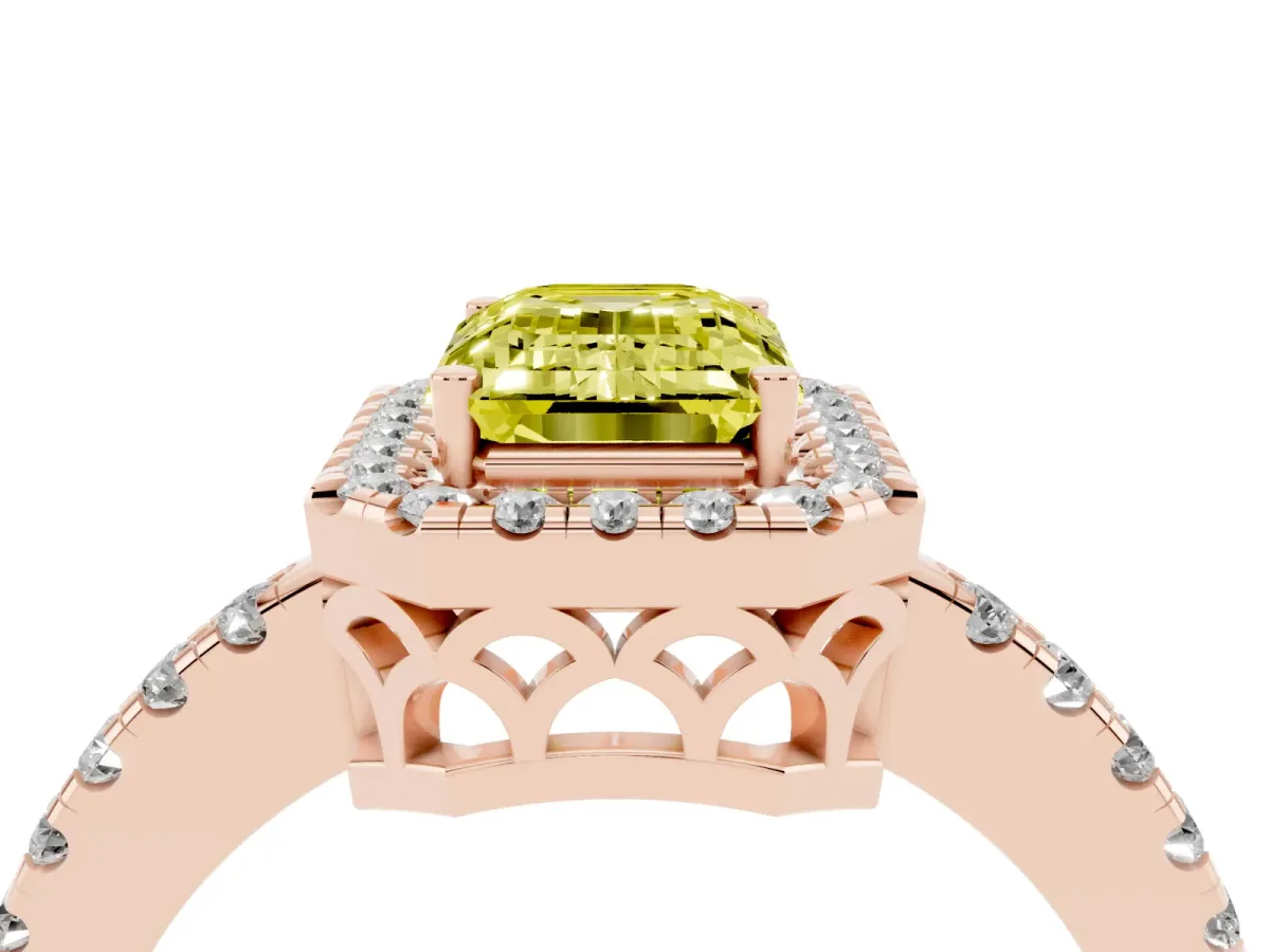 Fancy Yellow Emerald Cut Halo Diamond Engagement Ring with Pavé Band and Four-Prong Setting Rose gold