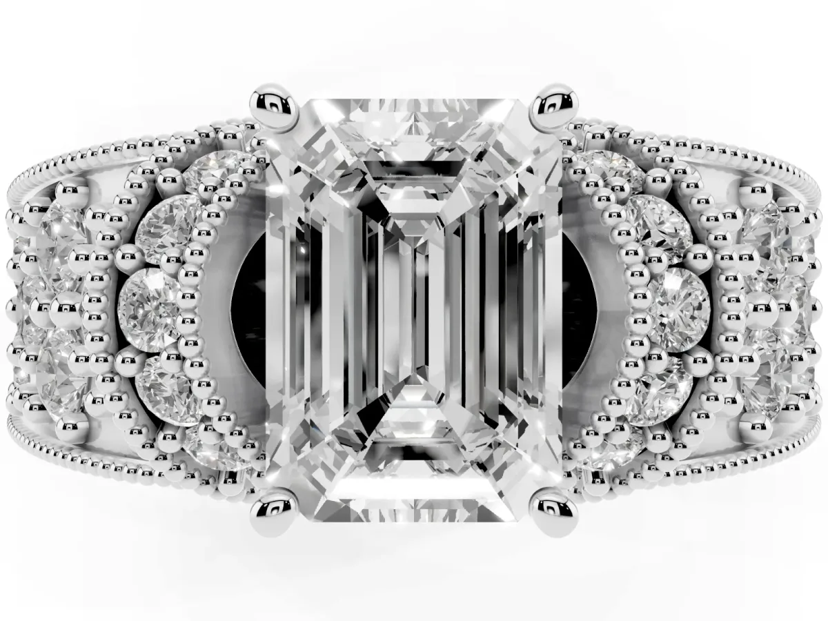 Emerald Cut Halo Pave Diamond Engagement Ring with Milgrain Detailing Platinum