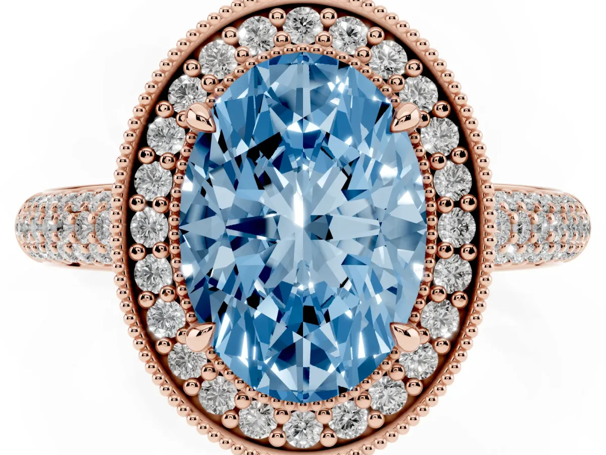 Fancy Blue Oval Cut Cut Halo Diamond Pave Band with Four-Prong Setting Rose gold