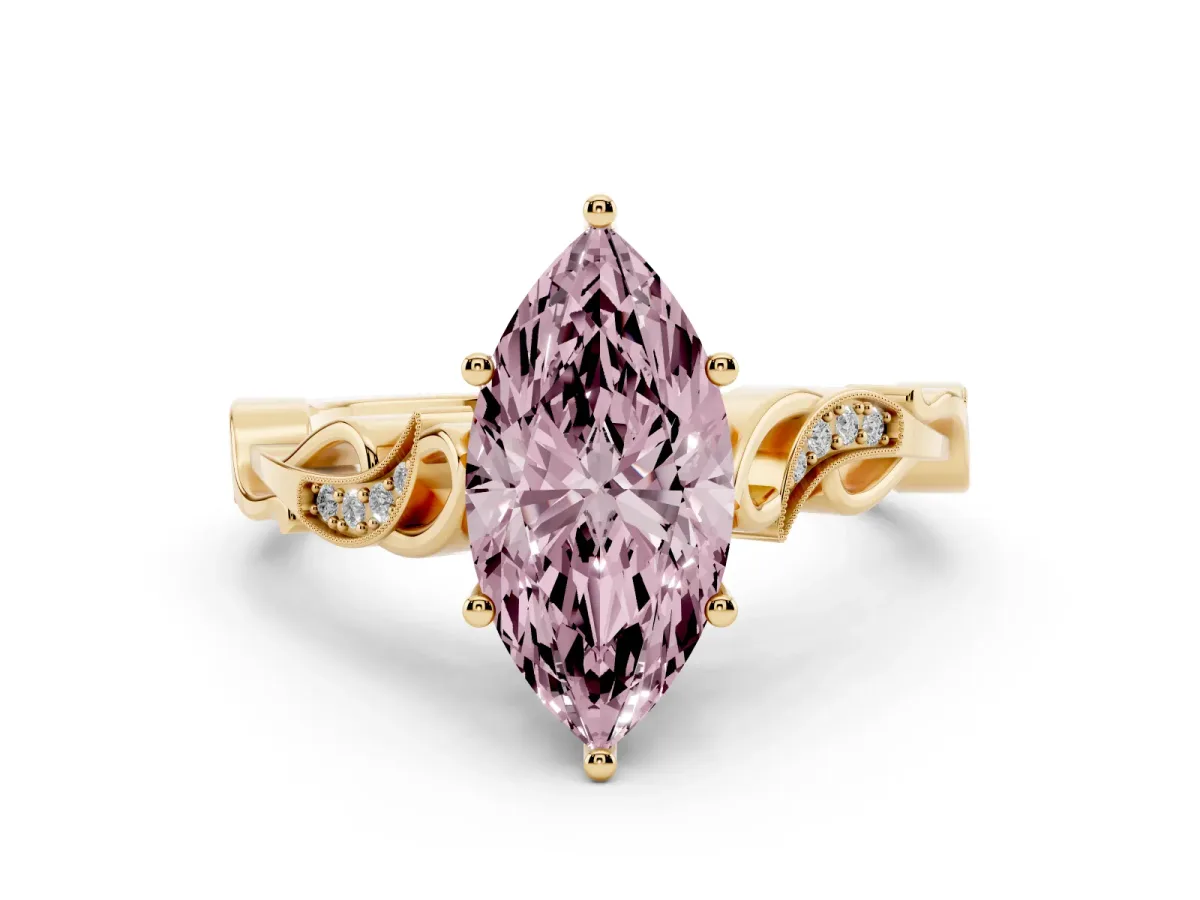 Fancy Pink Marquise Cut Solitaire Vine Band with Milgrain Prong Setting Yellow gold