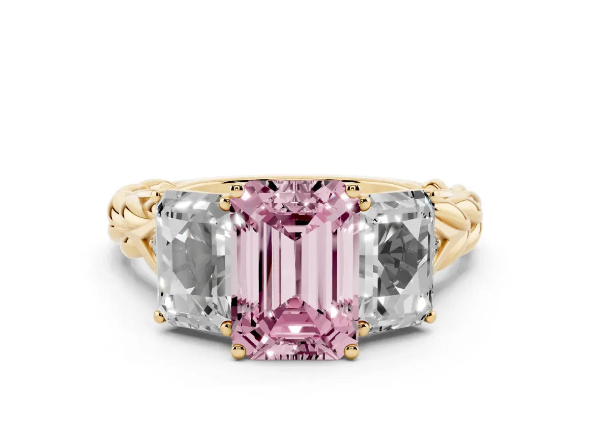 Fancy Pink Three-Stone Radiant Cut Diamond Braided Band Ring with Four-Prong Setting Yellow gold