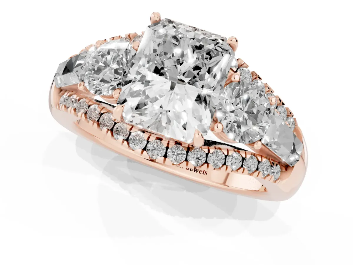 Three-Stone Radiant Cut Diamond Engagement Ring with Pave Band and Prong Setting Rose gold