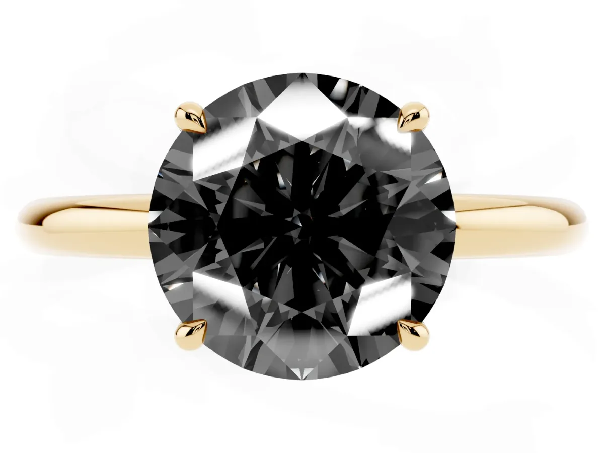 Fancy Black Round Cut Diamond Solitaire Ring with Thin Band and Four-Prong Setting Yellow gold