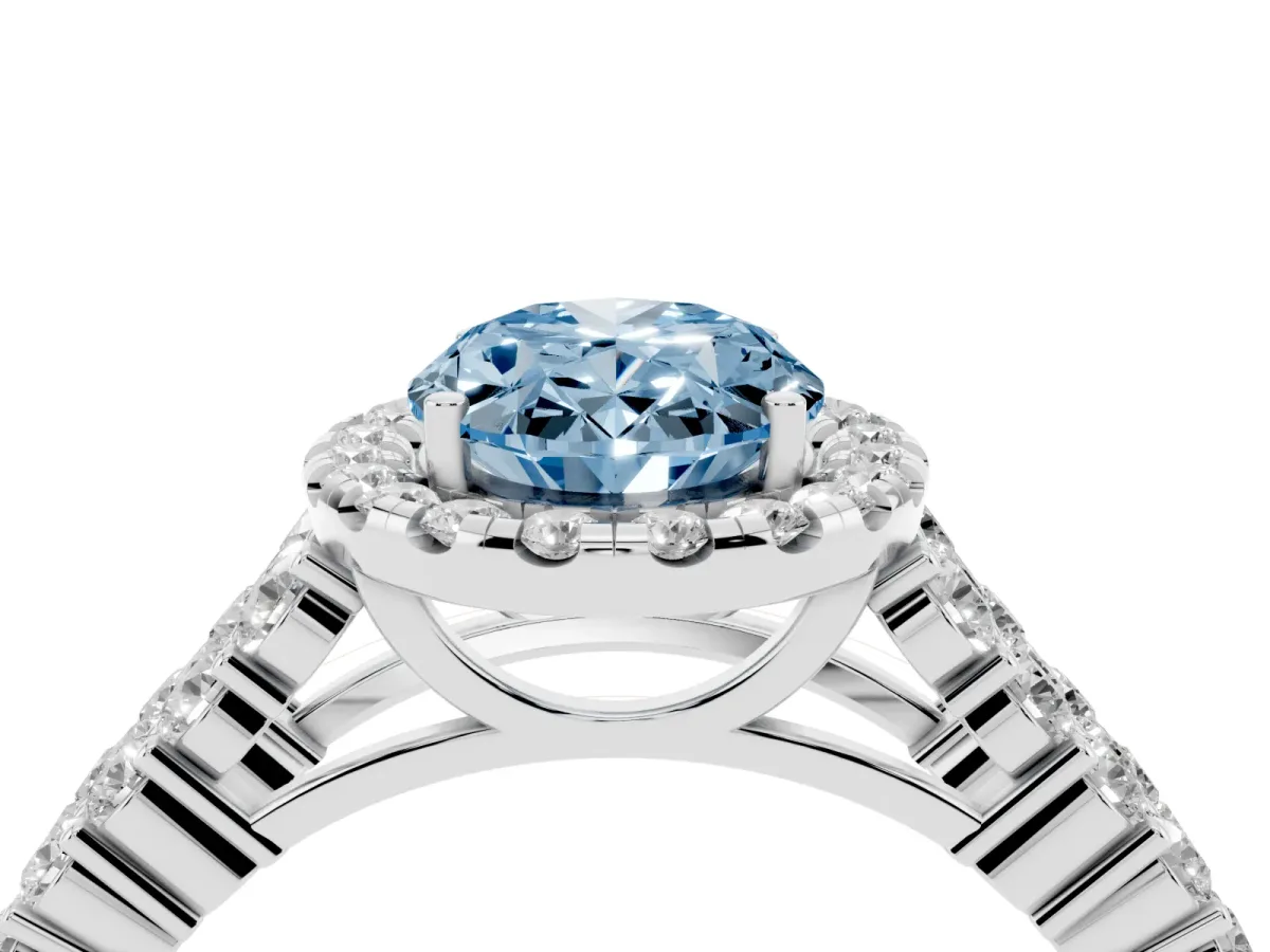 Fancy Blue Oval Cut Diamond Halo Engagement Ring with Triple Row Round Pavé Band and Prong Setting White gold