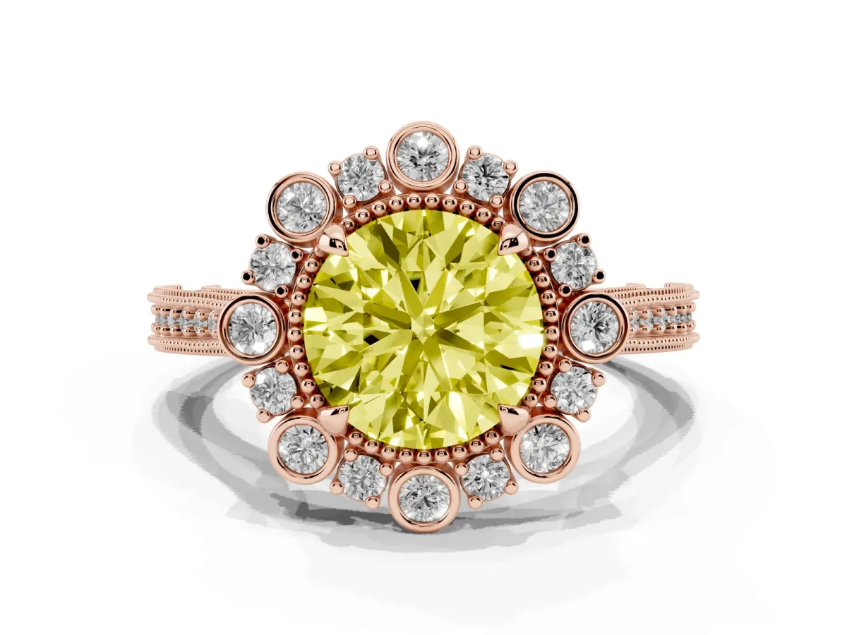 Fancy Yellow Round Cut Halo Milgrain Pave Diamond Ring with Four-Prong Setting Rose gold