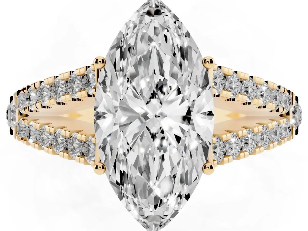 Marquise Cut Diamond Split Shank Pavé Engagement Ring with Four-Prong Setting Yellow gold