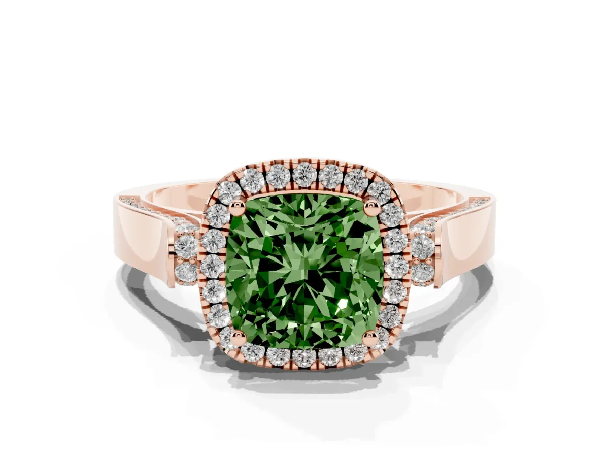 Fancy Green Cushion Cut Halo Pave Split Shank Prong Setting Ring Rose gold