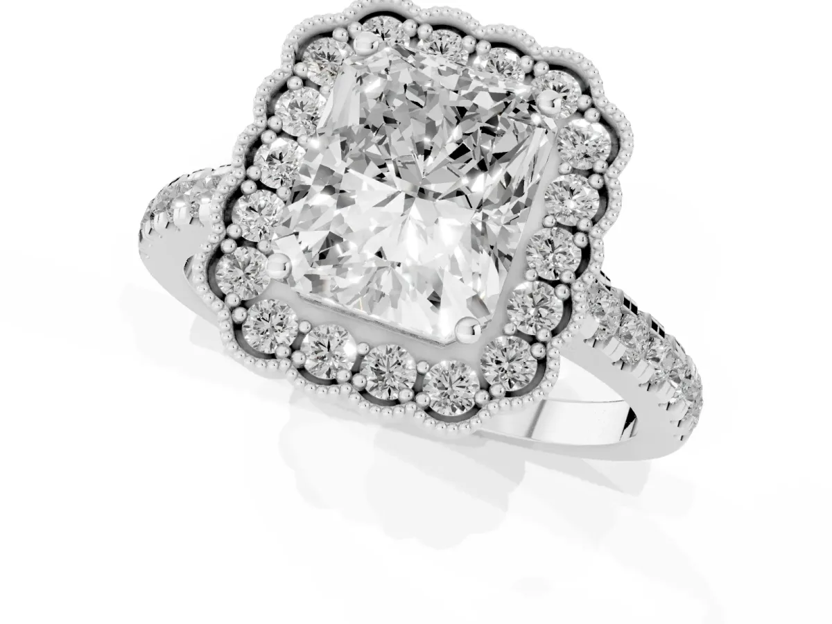 Radiant Cut Cut Diamond Milgrain Floral Halo Engagement Ring with Pavé Band Silver
