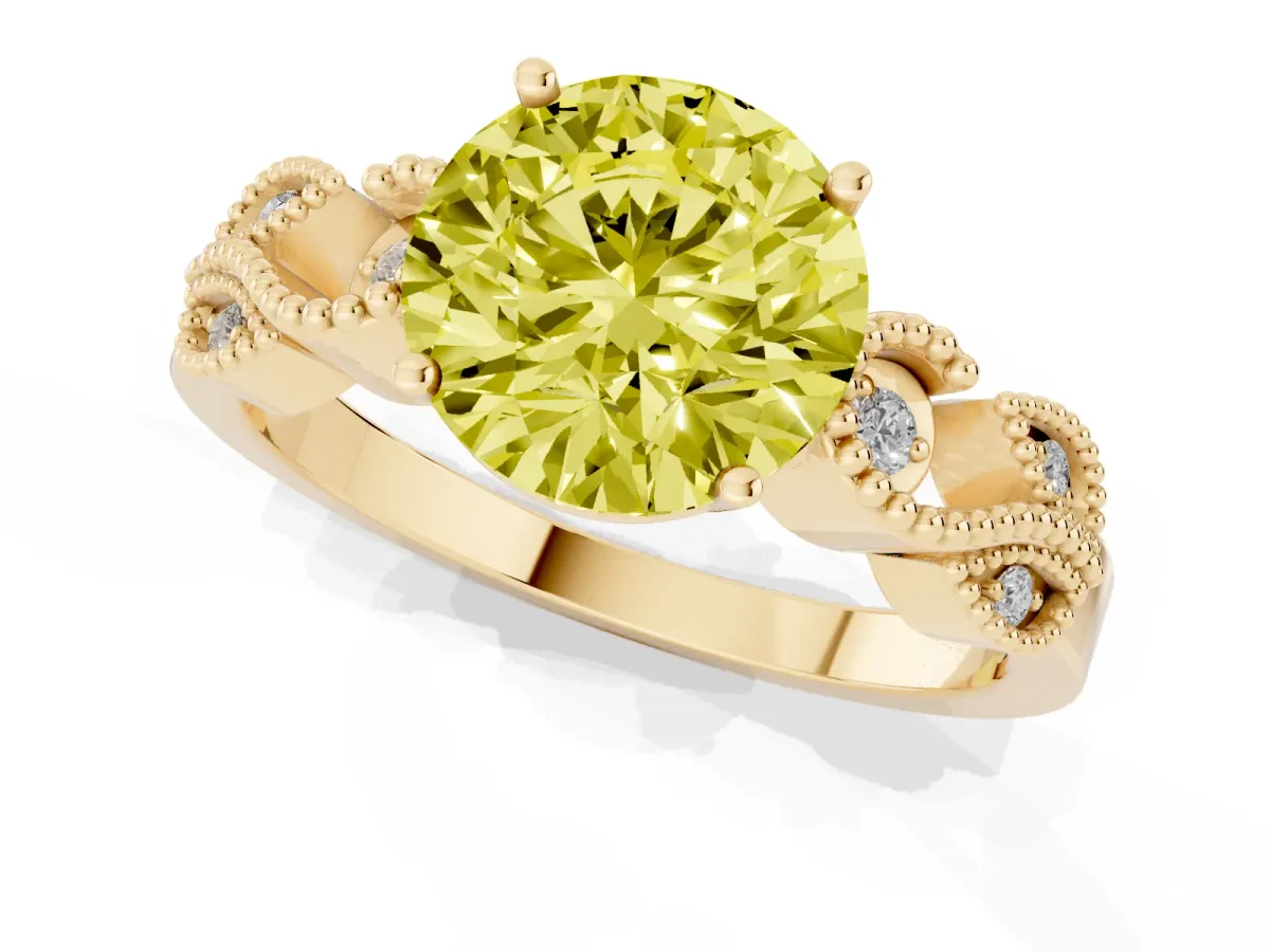 Fancy Yellow Round Cut Solitaire Milgrain Leaf Band with Prong Setting Yellow gold