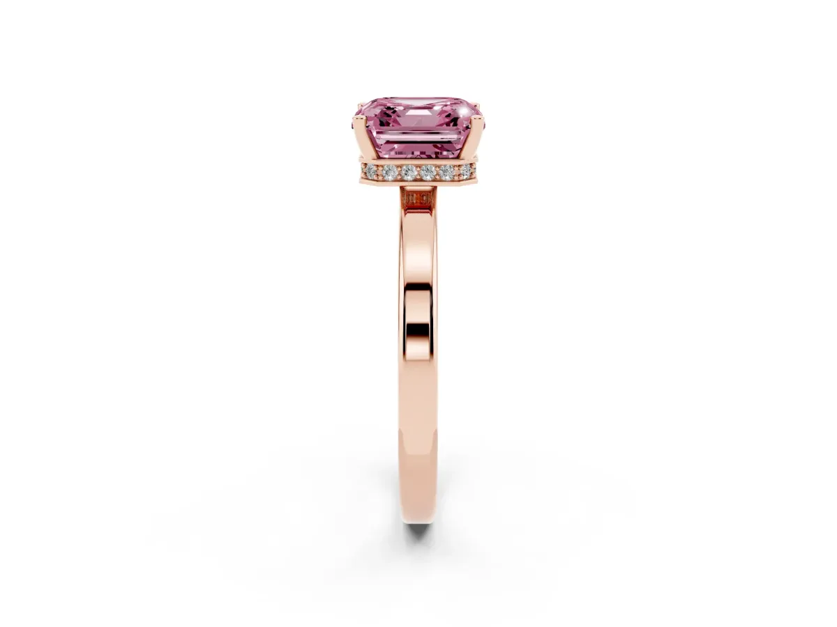 Fancy Pink Asscher Cut Cut Solitaire Engagement Ring with Four-Prong Setting on a Classic Band Rose gold