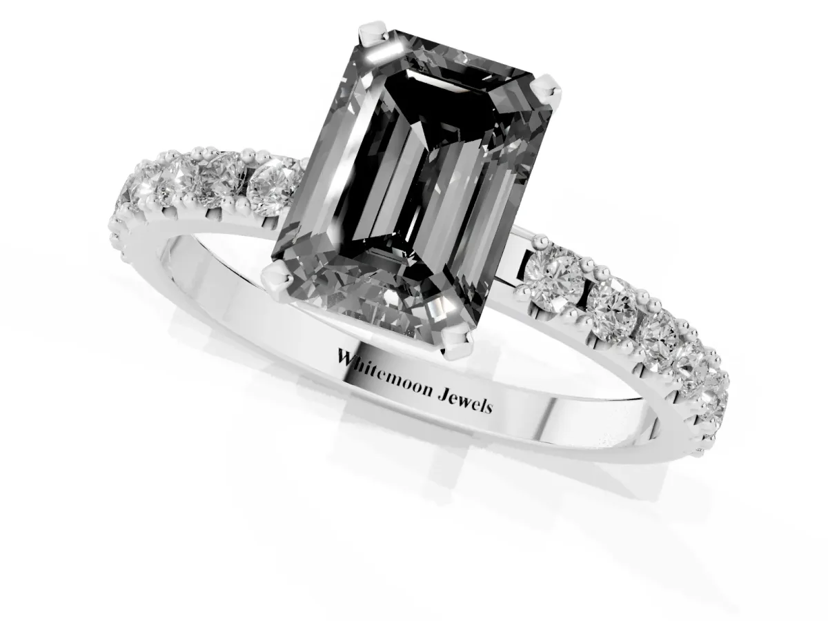 Fancy Black Emerald Cut Diamond Solitaire Pavé Band with Four-Prong Setting Platinum