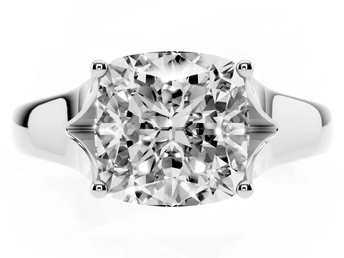 Cushion Cut Solitaire Diamond Ring with Cathedral Band and Four-Prong Setting Silver