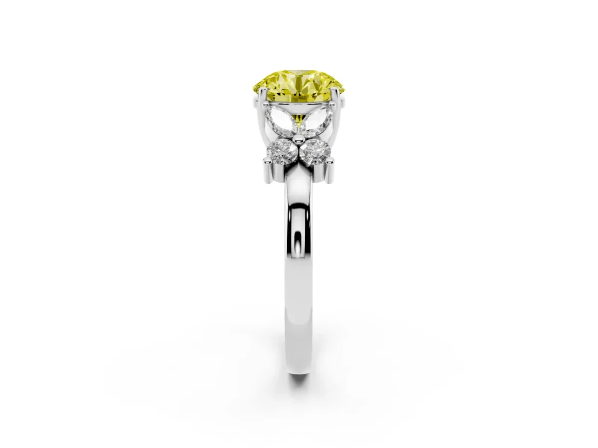Fancy Yellow Round Cut Diamond Floral Cluster Ring with Solitaire Band and Prong Setting Platinum