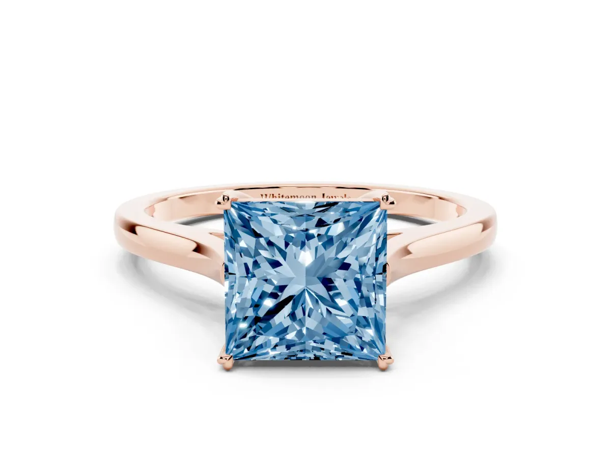 Fancy Blue Princess Cut Solitaire Heart Prong Engagement Ring with Tapered Band Rose gold