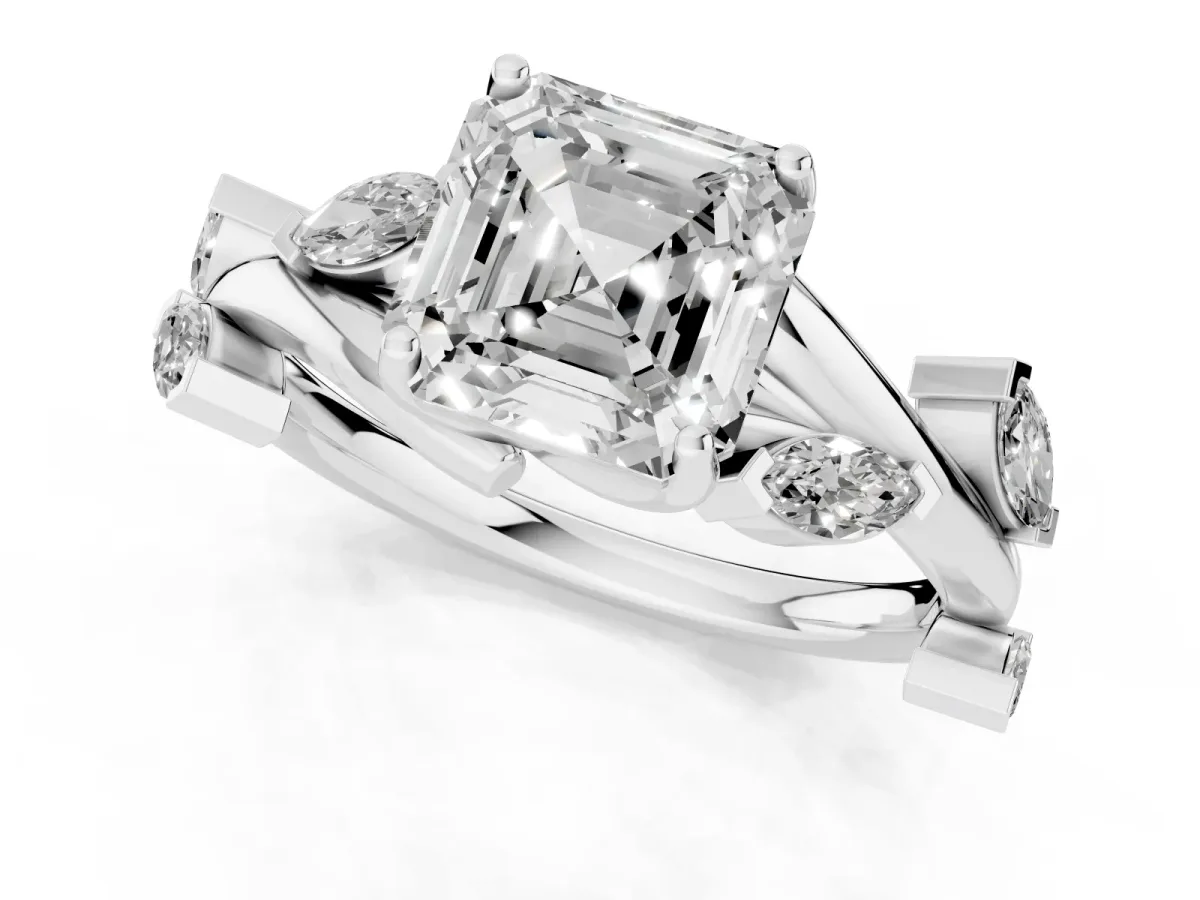 Asscher Cut Solitaire Twisted Band Marquise Accent Prong Setting Ring White gold