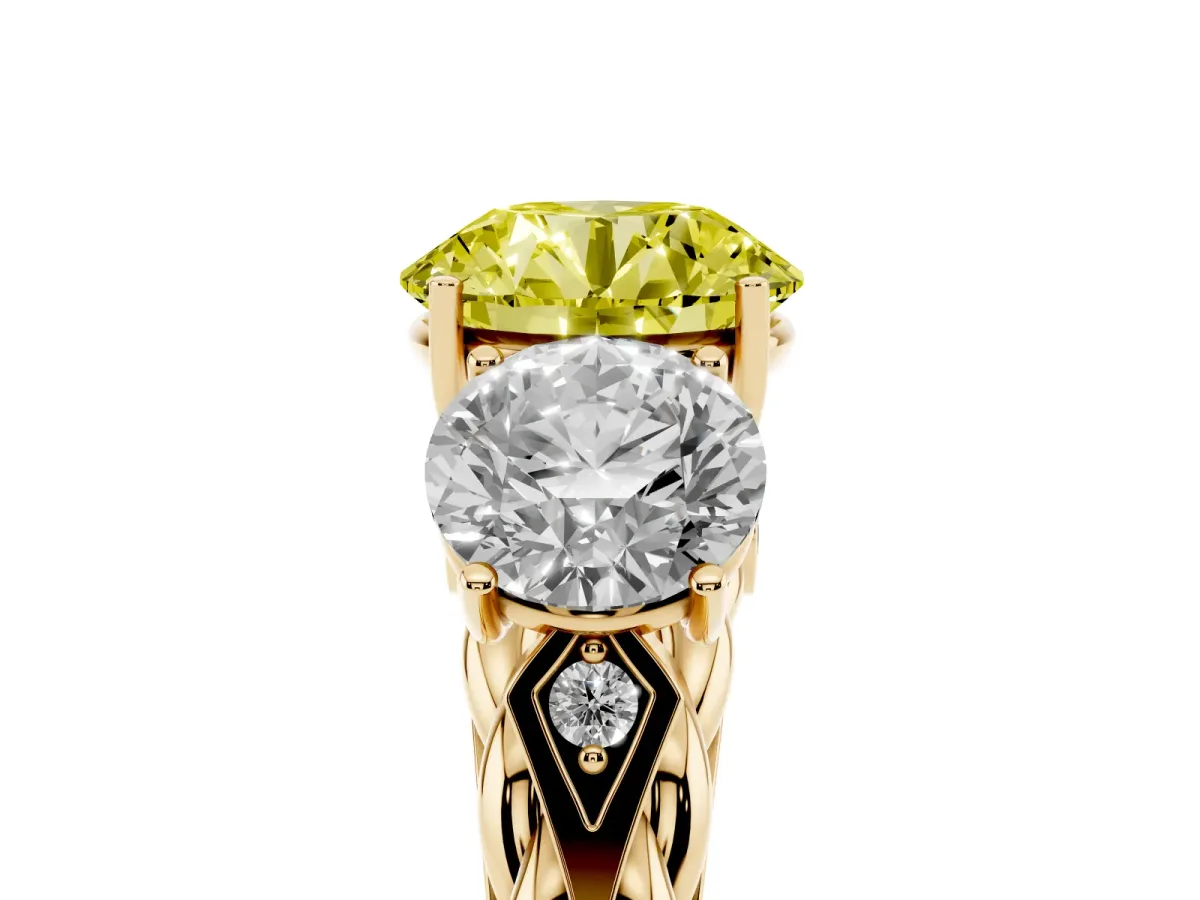 Fancy Yellow Three-Stone Round Cut Diamond Braided Band Ring with Four-Prong Setting Yellow gold