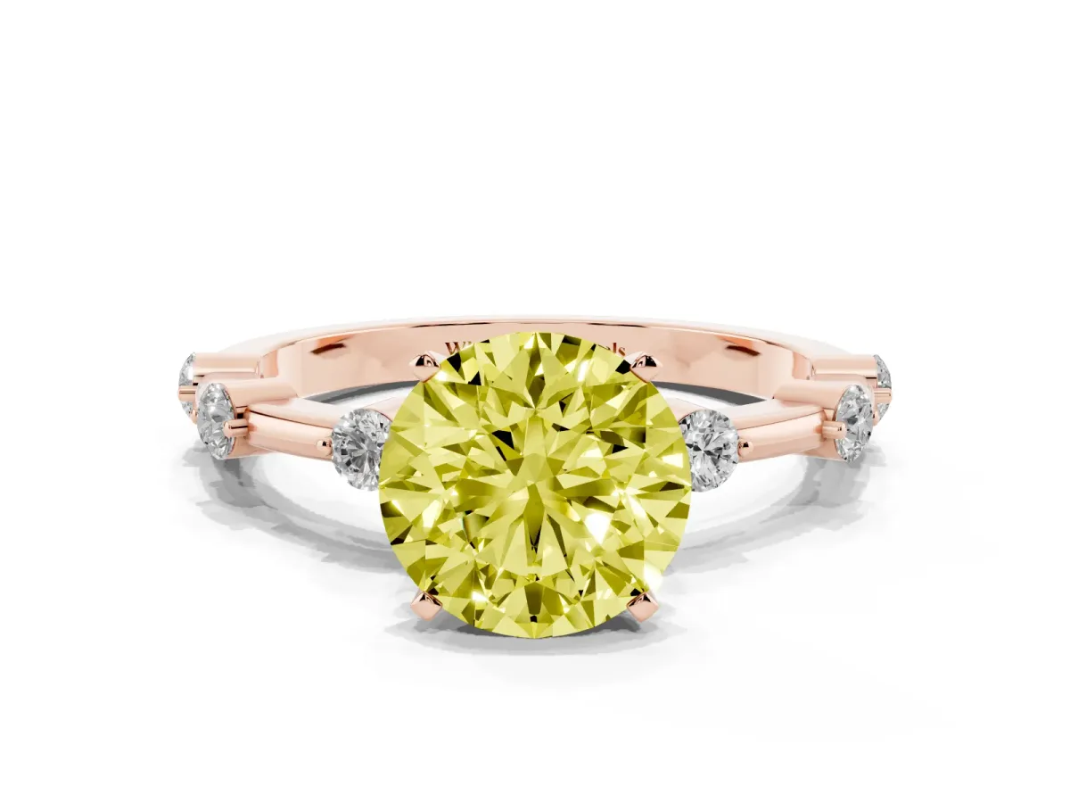 Fancy Yellow Round Cut Solitaire Diamond Ring with Bezel Set Side Stones and Prong Setting Rose gold