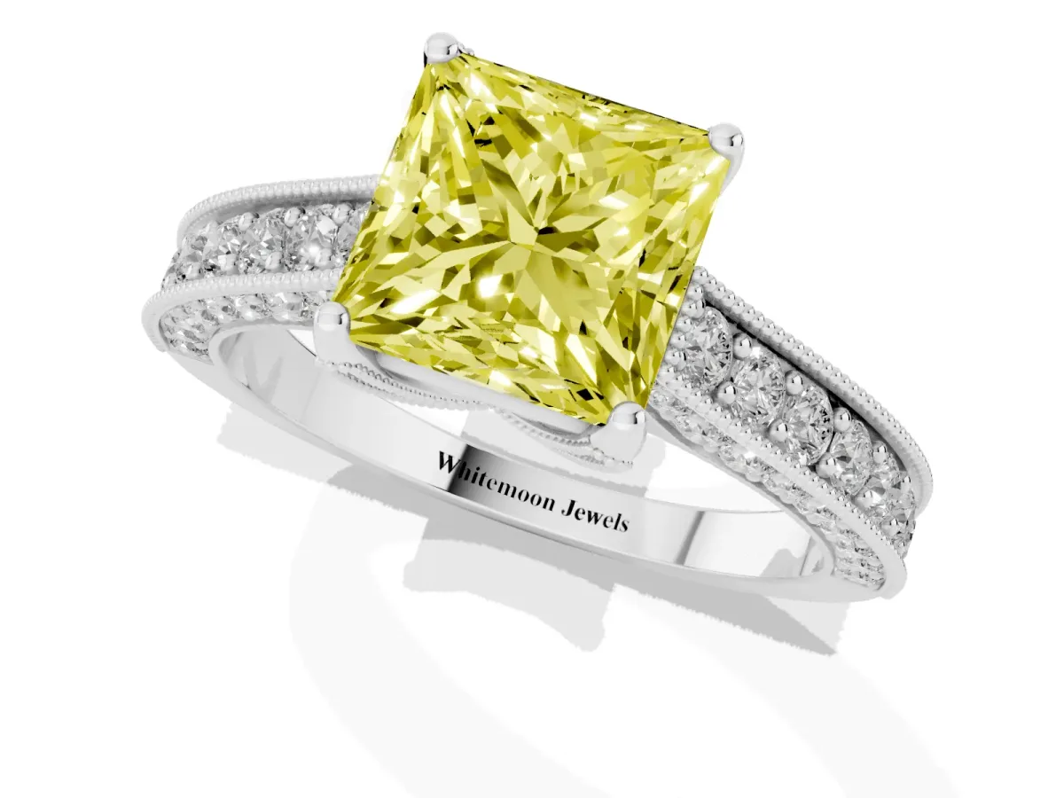 Fancy Yellow Princess Cut Cut Diamond Solitaire Ring with Milgrain Pave Band and Four Prong Setting Silver