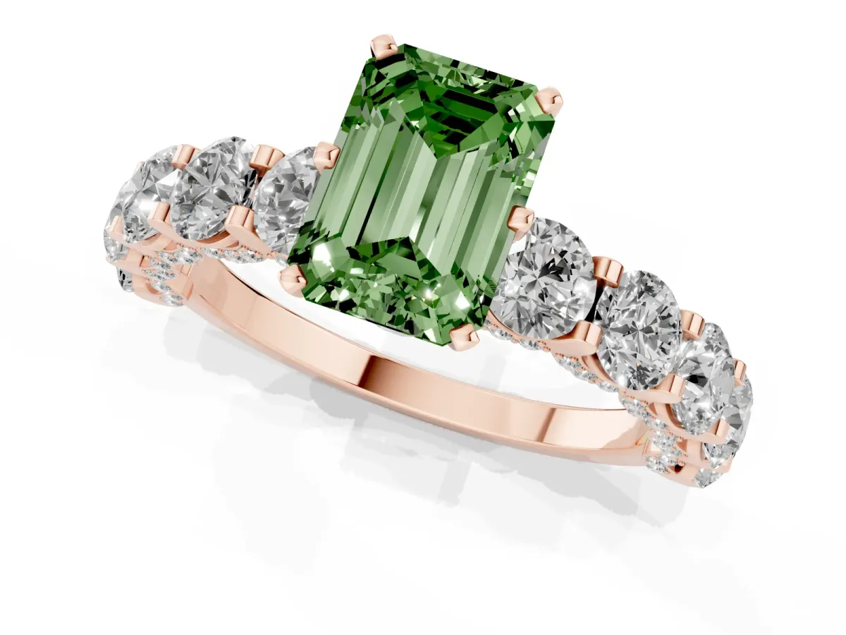 Fancy Green Emerald Cut Diamond Side Stone Engagement Ring with Four-Prong Setting Rose gold
