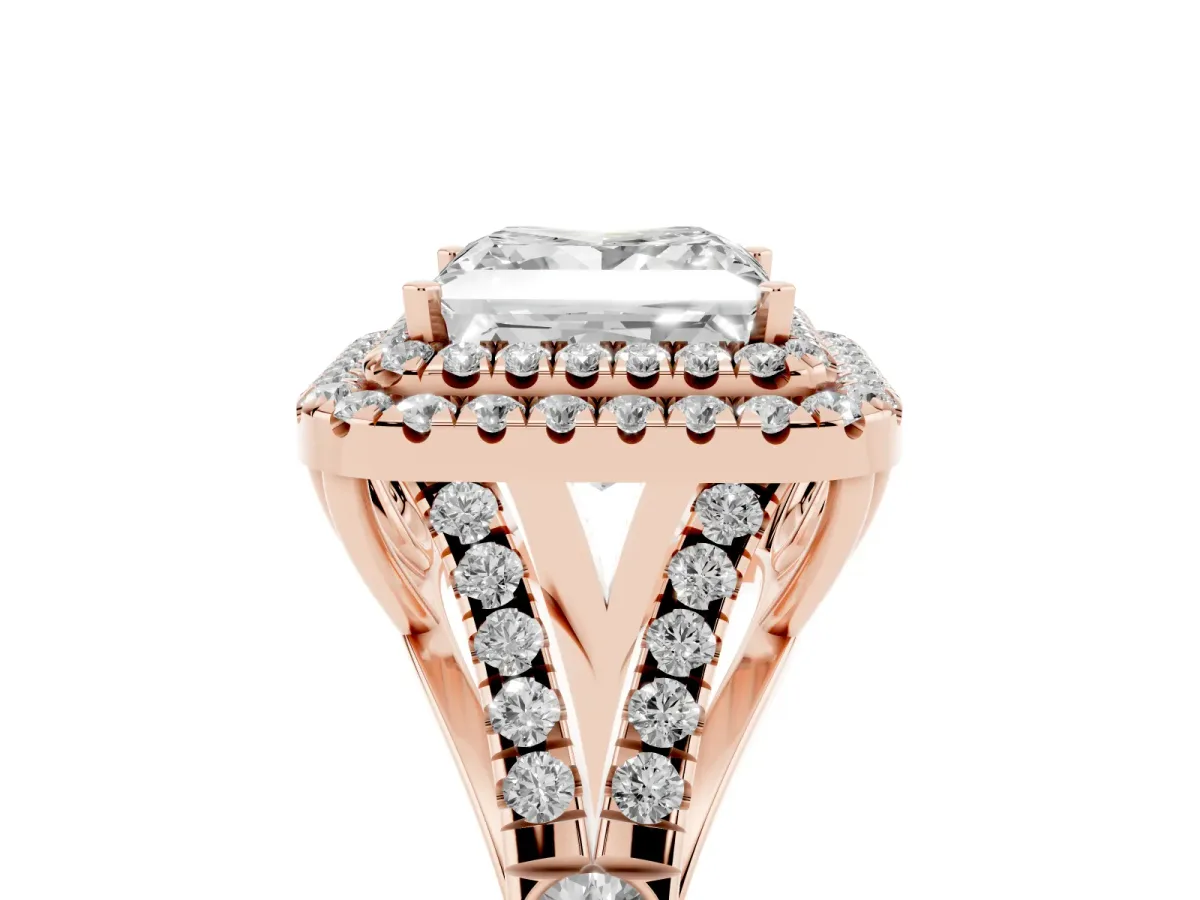 Princess Cut Diamond Double Halo Ring with Split Shank and Prong Setting Rose gold
