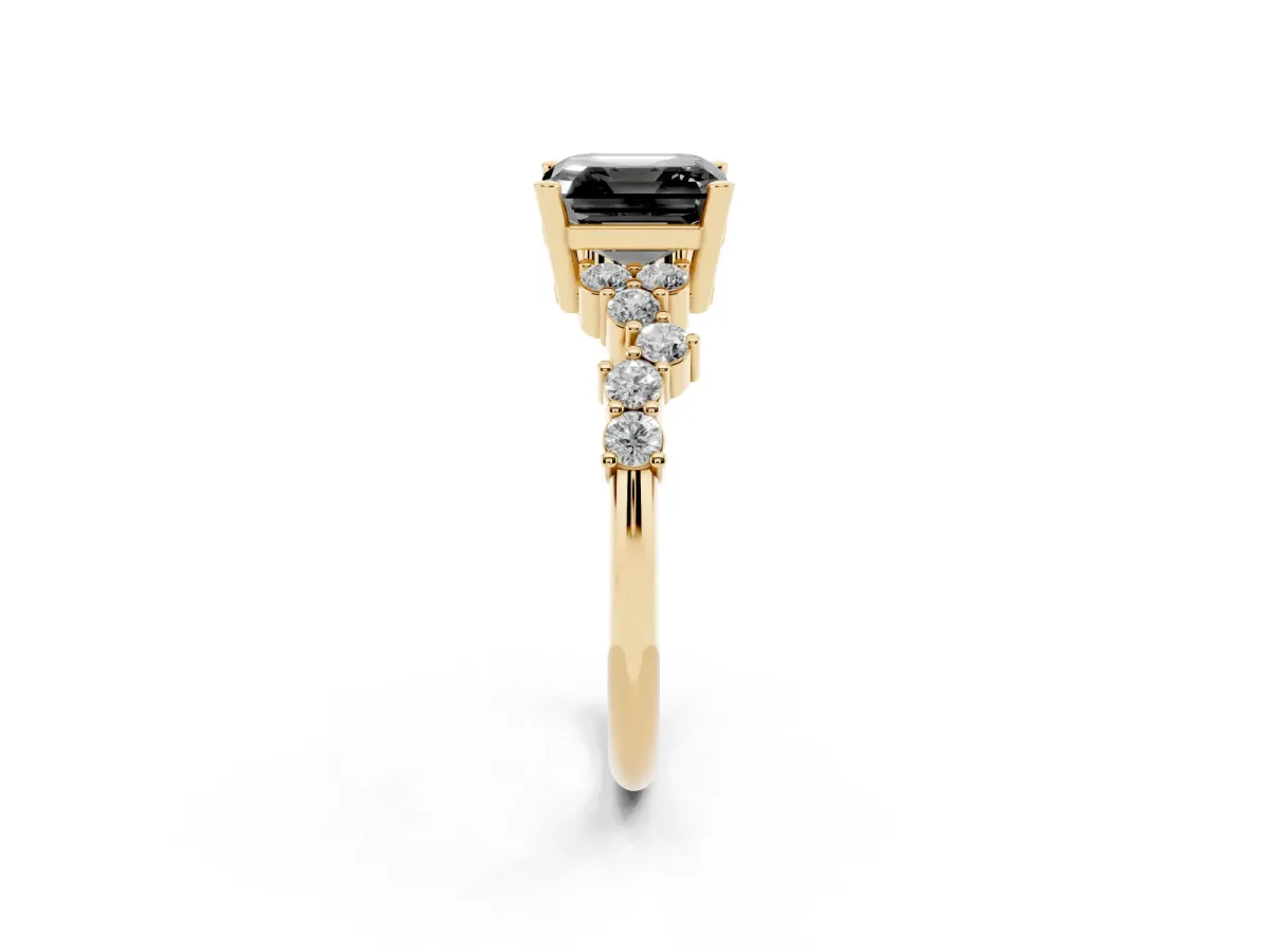 Fancy Black Asscher Cut Diamond Scattered Round Accent Ring with Prong Setting Yellow gold