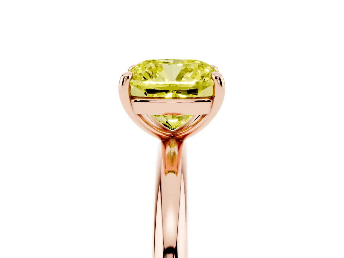 Fancy Yellow Cushion Cut Solitaire Diamond Ring with Four-Prong Setting on a Plain Band Rose gold