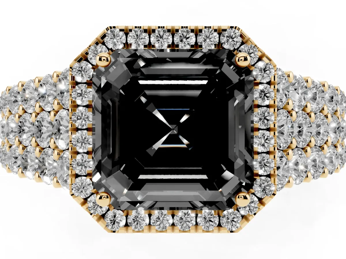 Fancy Black Asscher Cut Diamond Halo Engagement Ring with Triple Row Round Pavé Band and Prong Setting Yellow gold