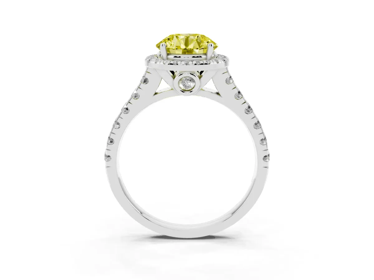 Fancy Yellow Round Cut Halo Pavé Diamond Engagement Ring with Four-Prong Setting Silver