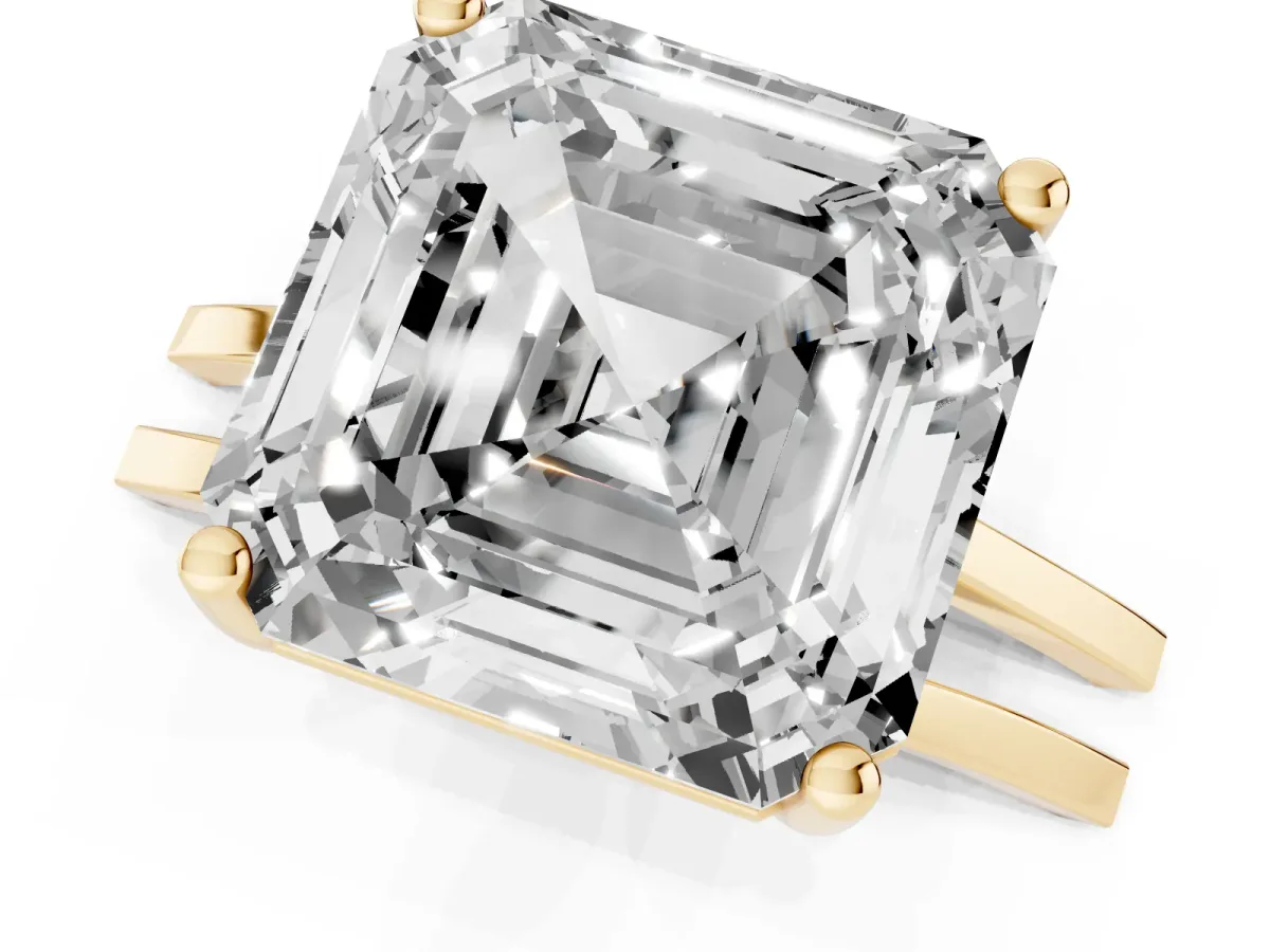 Asscher Cut Cut Diamond Solitaire Engagement Ring with Tapered Plain Band and Four-Prong Setting Yellow gold