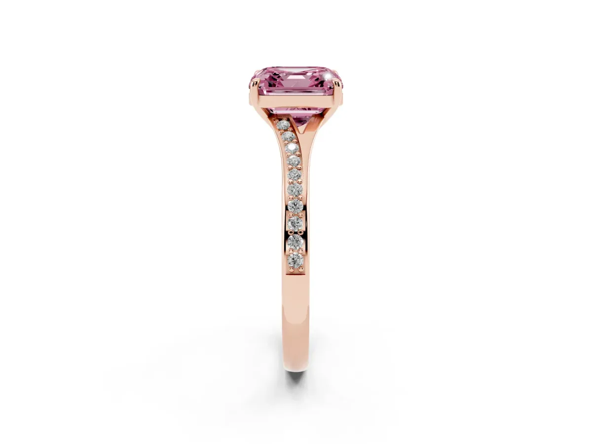 Fancy Pink Asscher Cut Diamond Solitaire Ring with Pavé Band and Prong Setting Rose gold