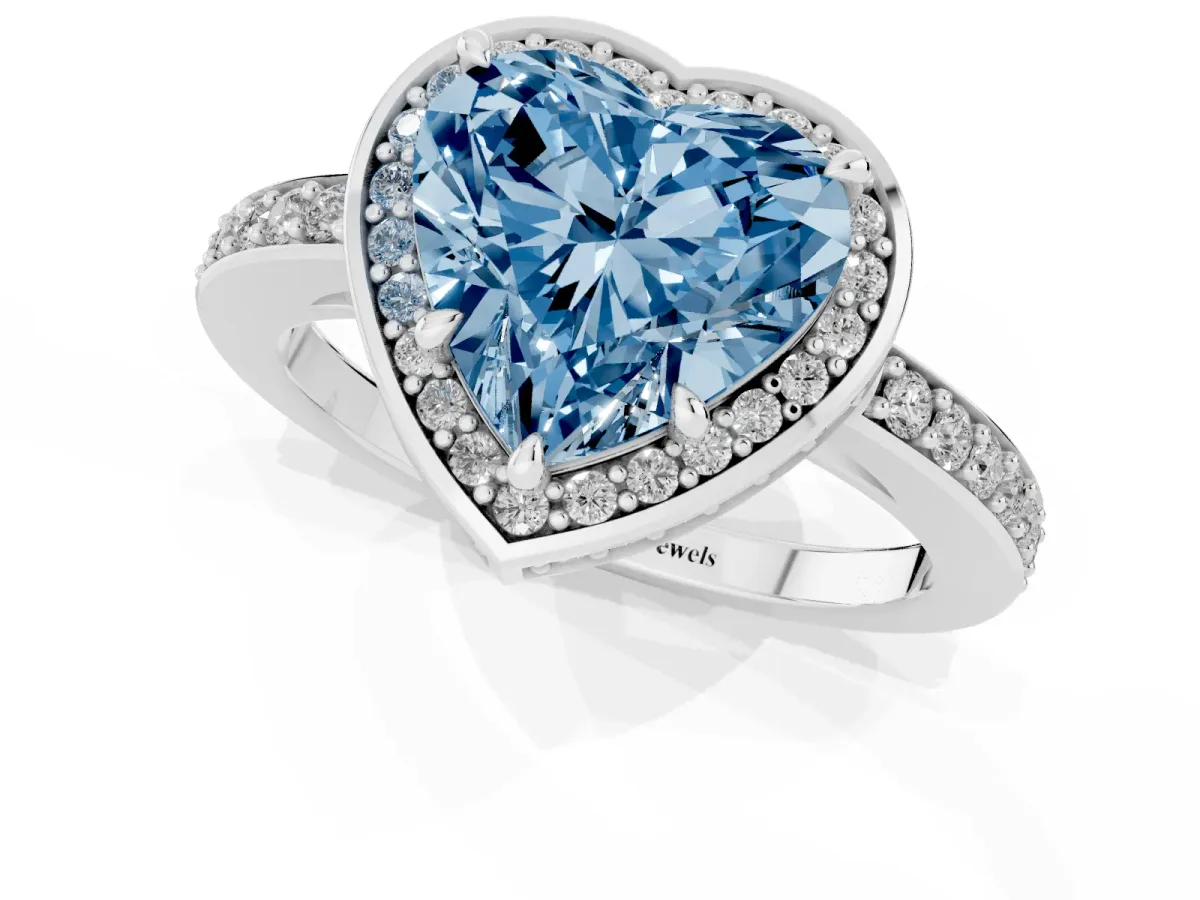 Fancy Blue Heart Cut Halo Pave Band Solitaire Ring with Prong Setting Silver