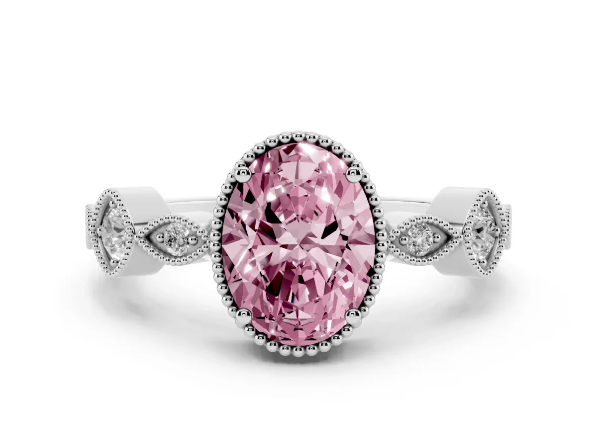 Fancy Pink Oval Cut Diamond Vintage Milgrain Ring with Round Stations Silver