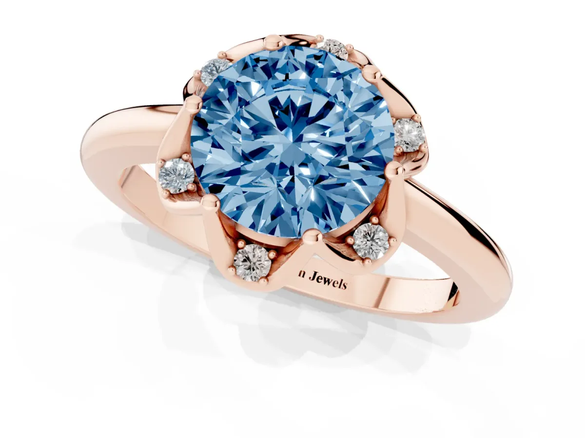 Fancy Blue Round Cut Halo Diamond Ring with Round Cluster Setting, Solitaire Band, and Four-Prong Setting Rose gold