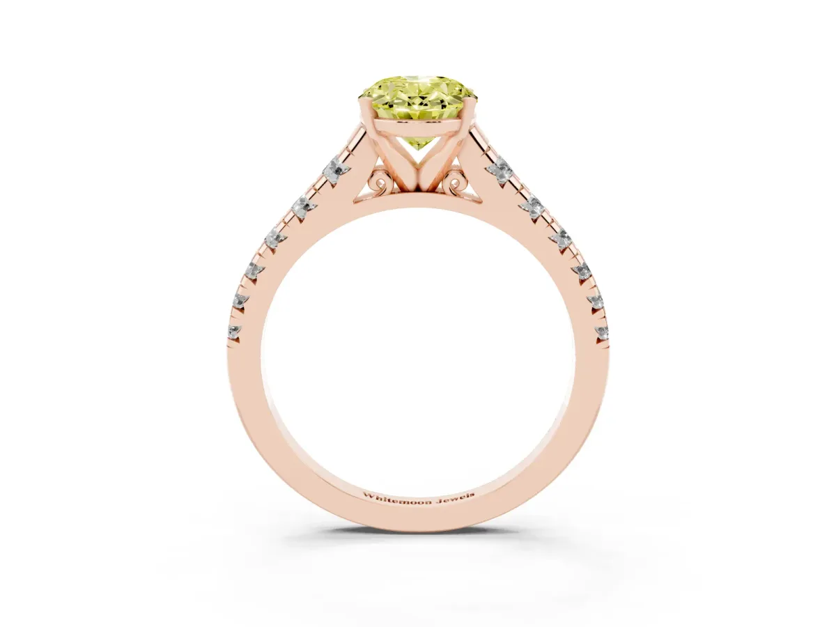 Fancy Yellow Oval Cut Diamond Cathedral Solitaire Ring with Round Pavé Band Rose gold