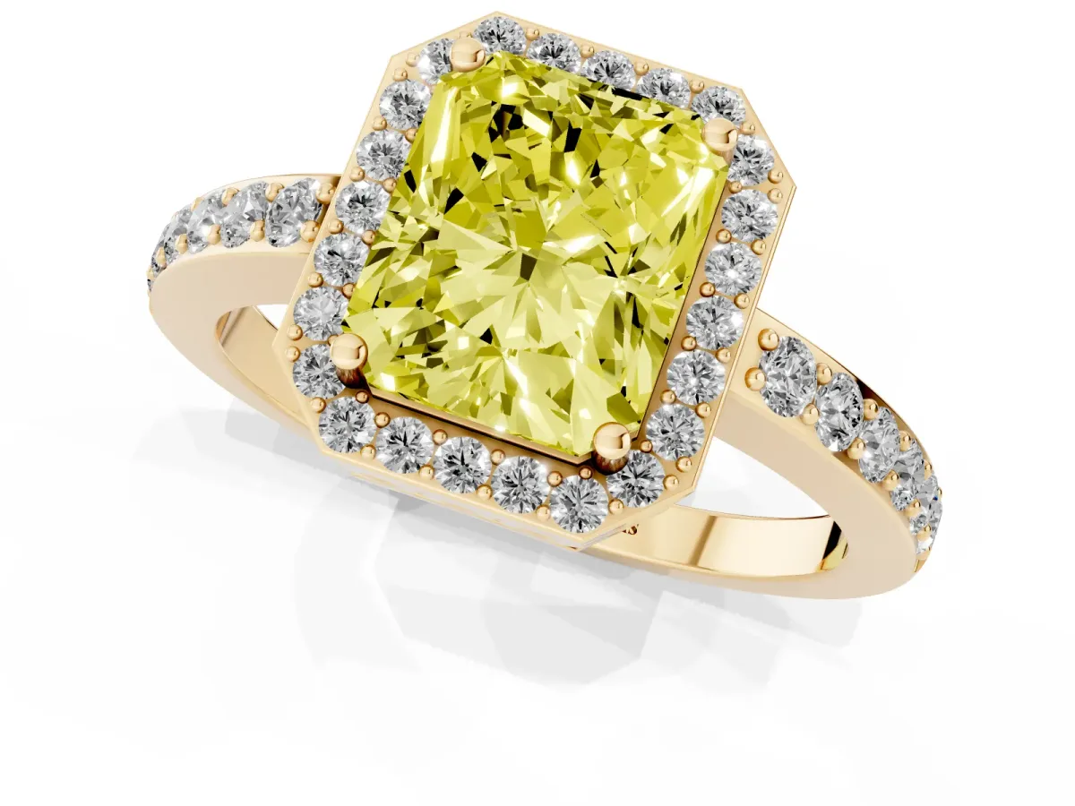 Fancy Yellow Radiant Cut Halo Diamond Pavé Band Ring with Prong Setting Yellow gold