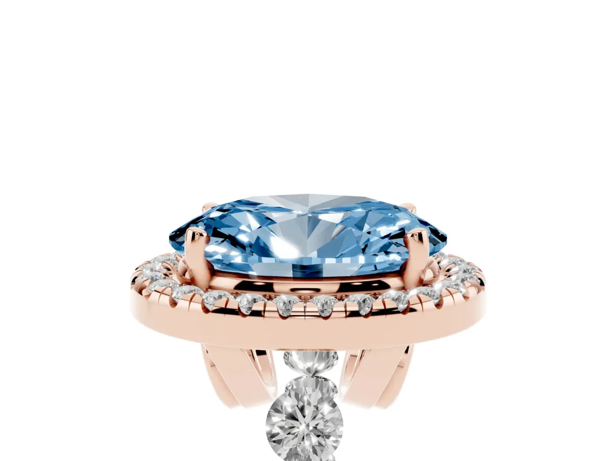 Fancy Blue Oval Cut Halo Pavé Diamond Engagement Ring with Four-Prong Setting Rose gold