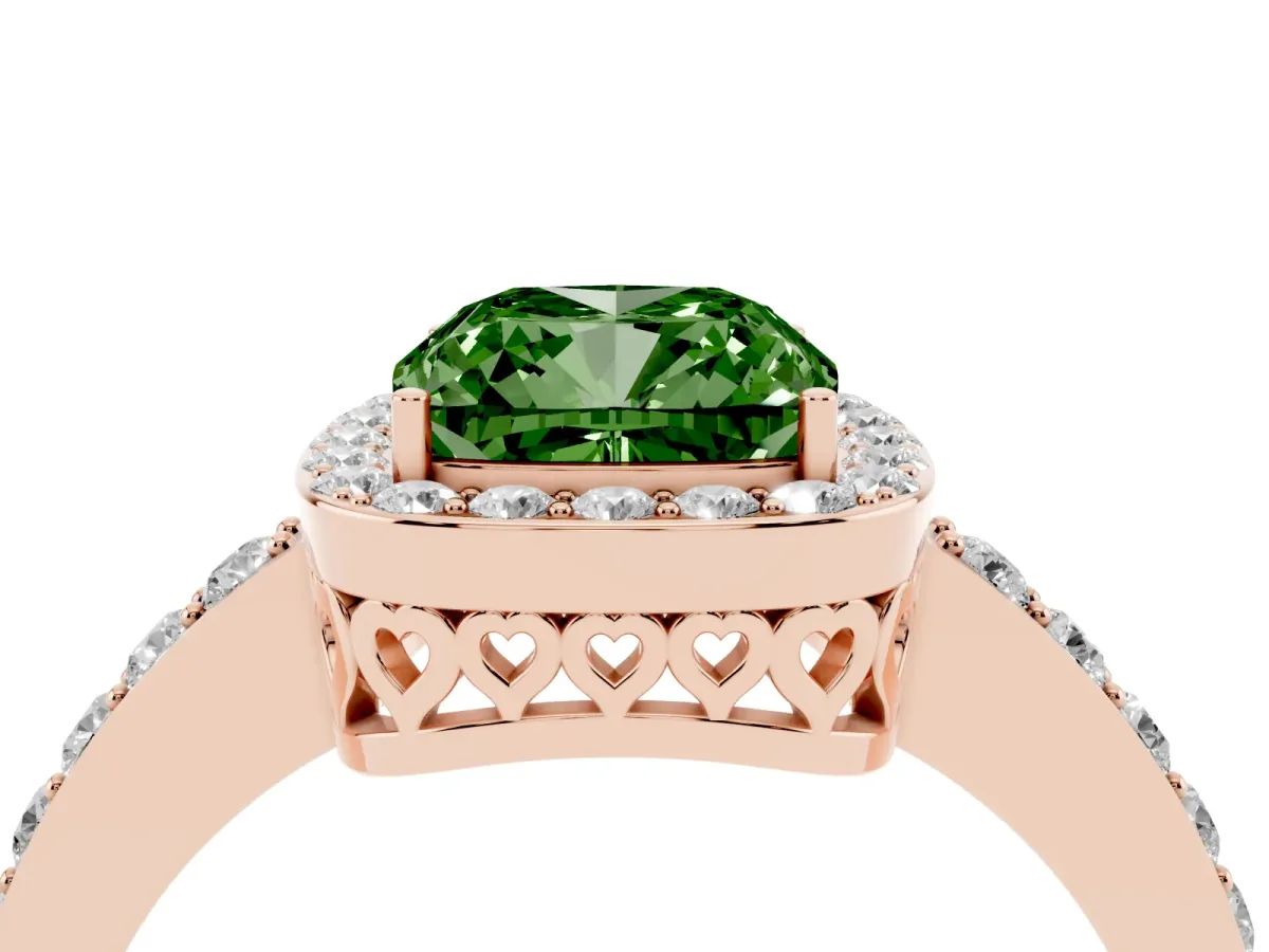 Fancy Green Cushion Cut Halo Diamond Pavé Band Ring with Prong Setting Rose gold