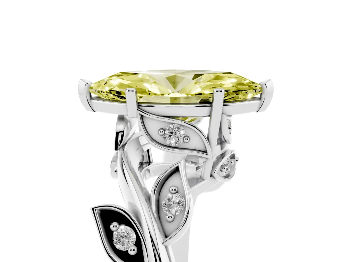 Fancy Yellow Marquise Cut Solitaire Twist Engagement Ring with Leaf Accents and Prong Setting Silver
