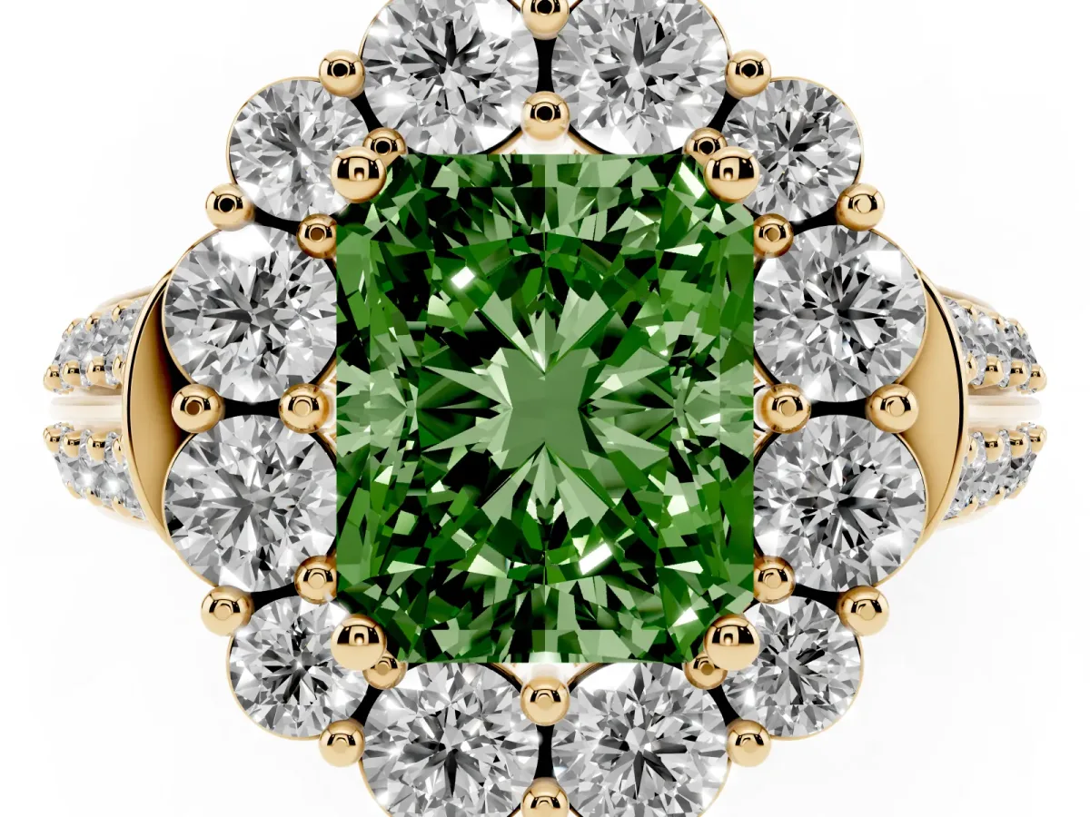 Fancy Green Radiant Cut Halo Diamond Engagement Ring with Split Shank and Prong Setting Yellow gold