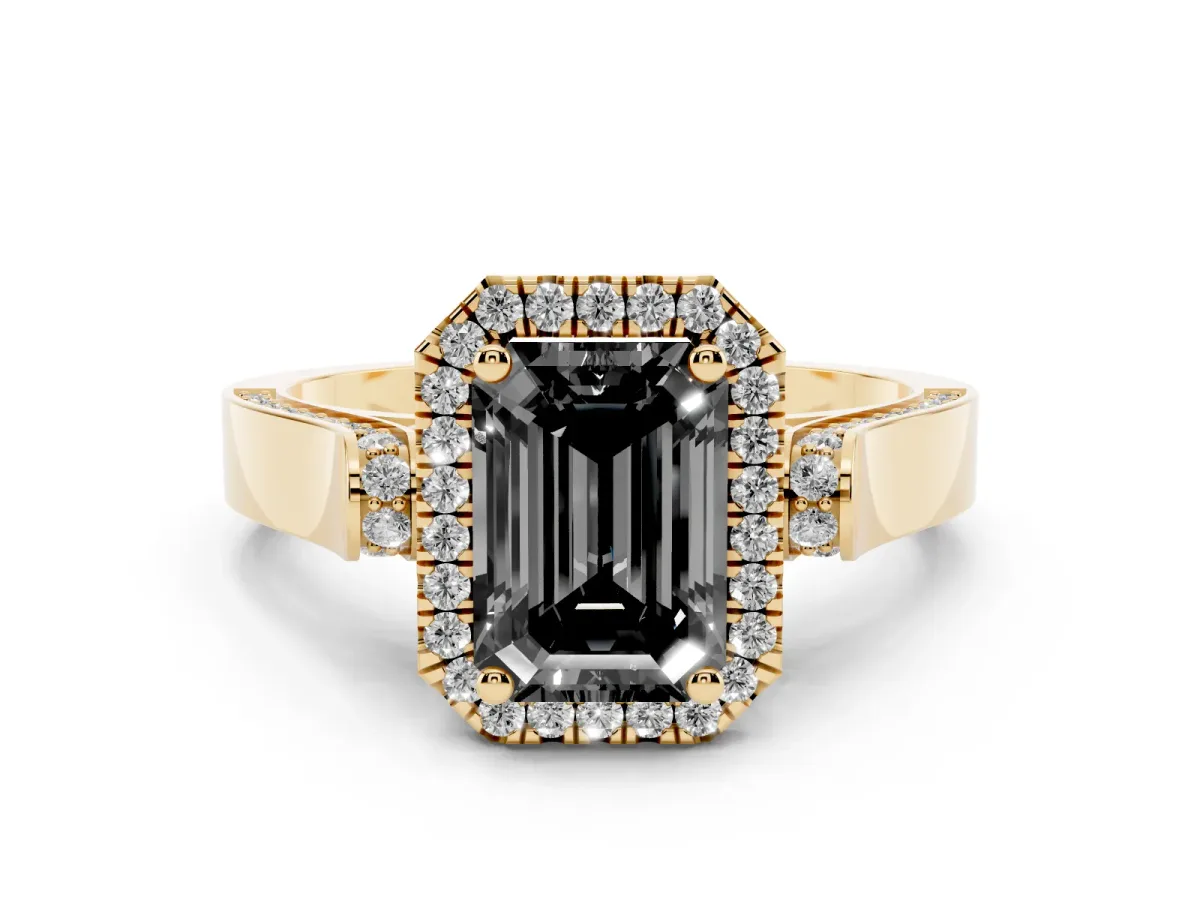 Fancy Black Emerald Cut Halo Round Diamond Twist Band with Four-Prong Setting Yellow gold