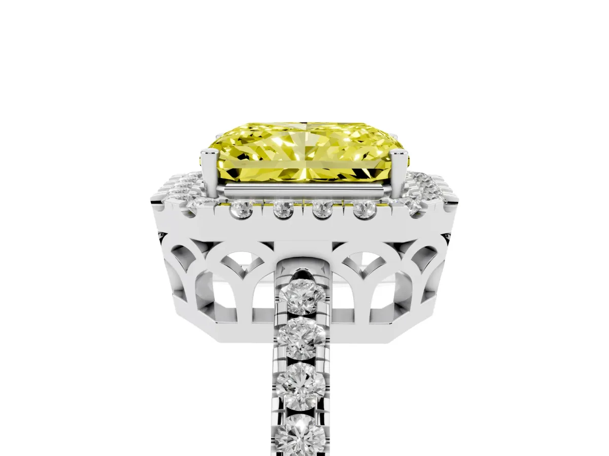 Fancy Yellow Radiant Cut Halo Diamond Engagement Ring with Pavé Band and Four-Prong Setting White gold