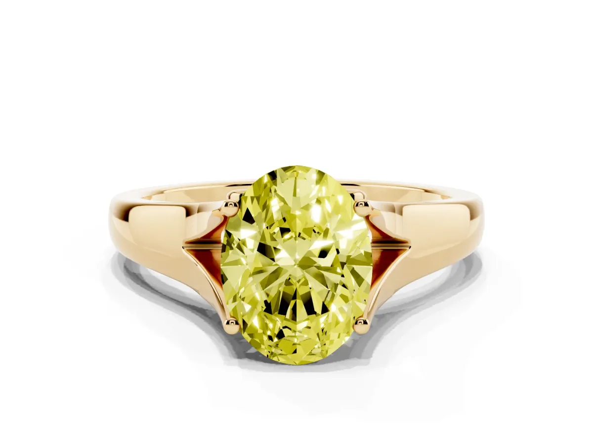 Fancy Yellow Oval Cut Solitaire Diamond Ring with Cathedral Band and Four-Prong Setting Yellow gold