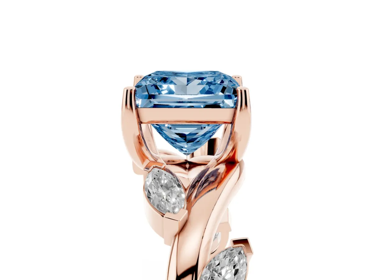 Fancy Blue Princess Cut Solitaire Twisted Band Marquise Accent Prong Setting Ring Rose gold