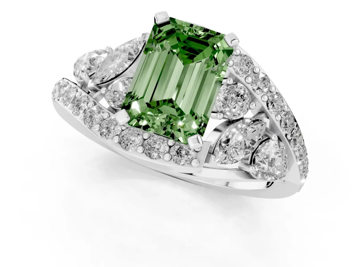 Fancy Green Emerald Cut Diamond Halo Ring with Marquise and Pavé Band in Prong Setting Silver