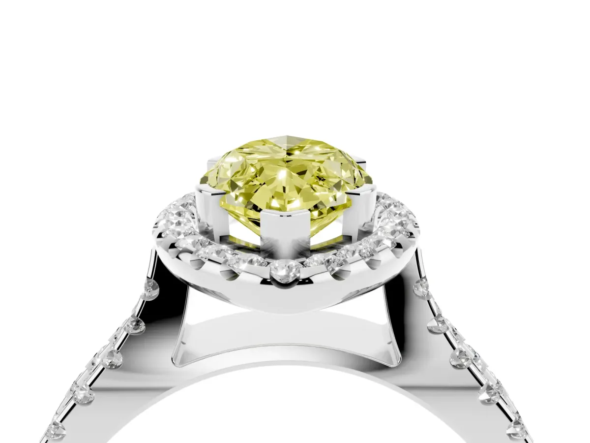 Fancy Yellow Marquise Cut Diamond Halo Ring with Split Shank Pavé Band and Prong Setting White gold